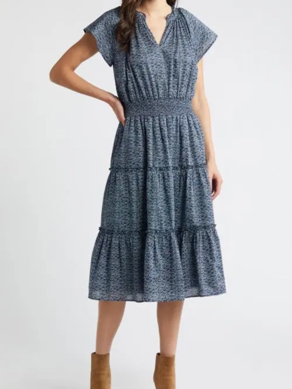 Rails Amelia Dress Blue Floral Tiered Cotton Midi M